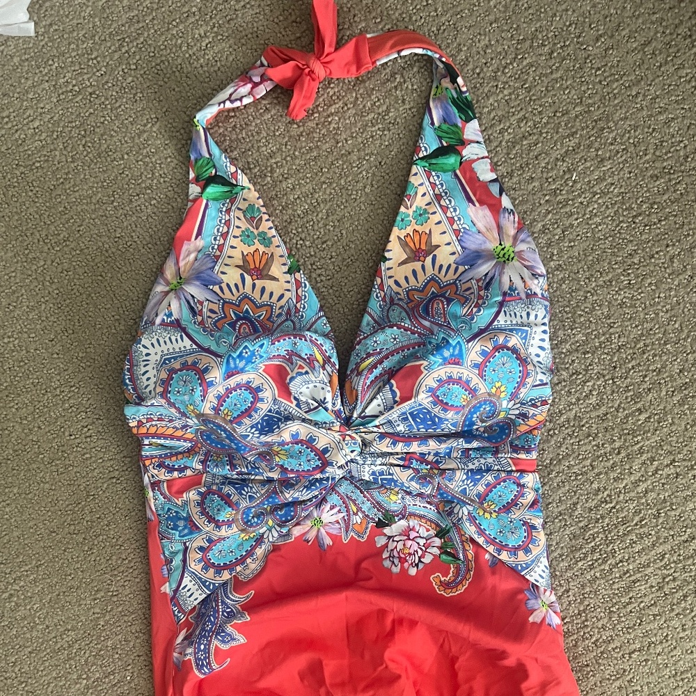 Johnny Was Coral Red Floral Paisley One-Piece Swimsuit